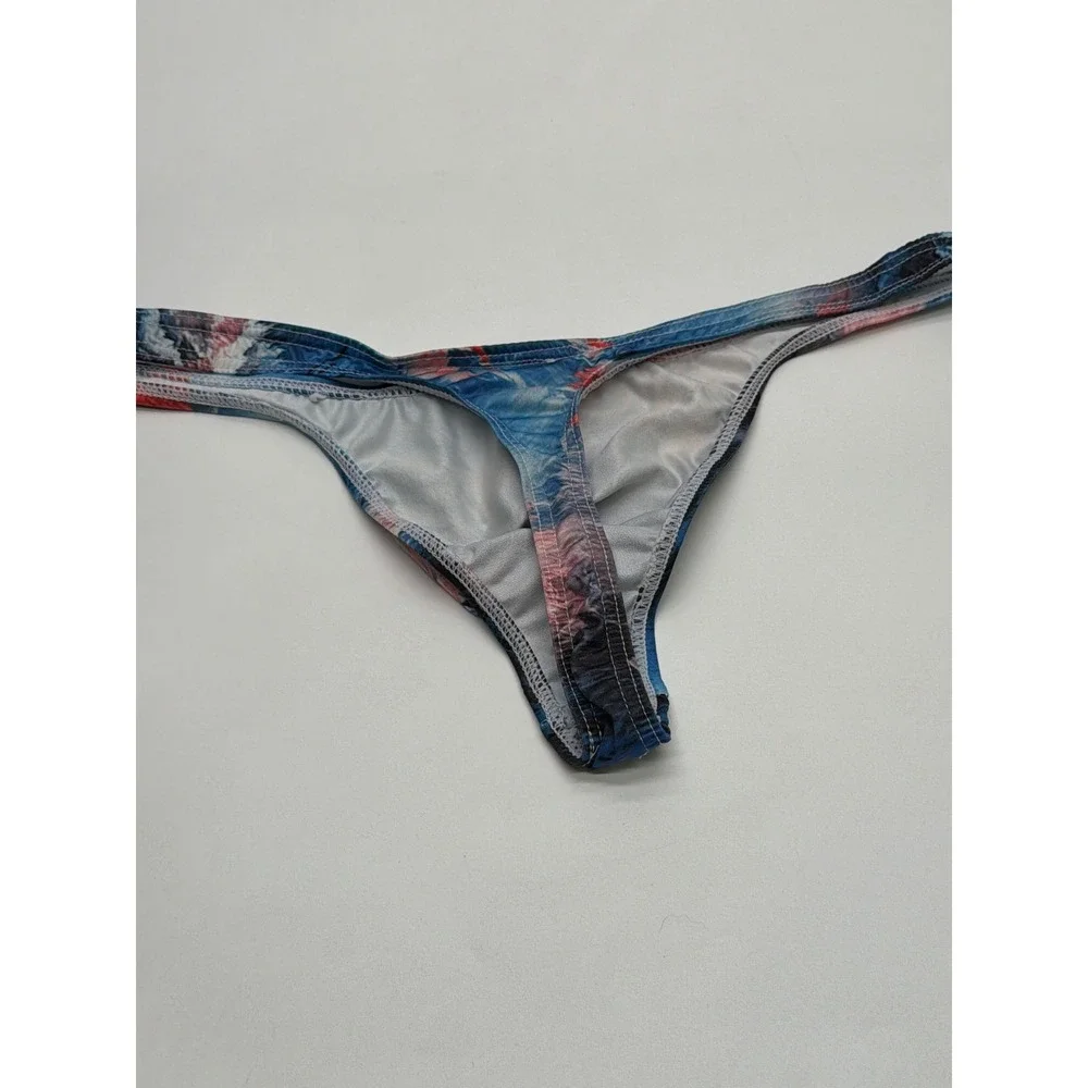 Mens Abstract Floral Print Low Rise Pouch Thong Underwear Blue Red White
